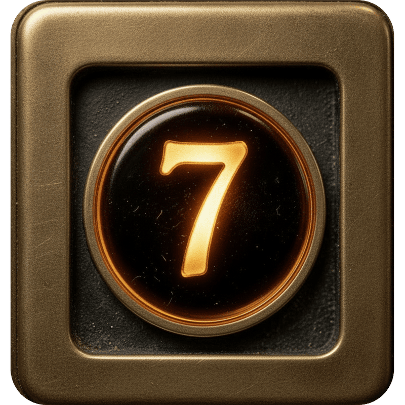 The Story of Seven button badge, a glowing elevator call-button numeral 7